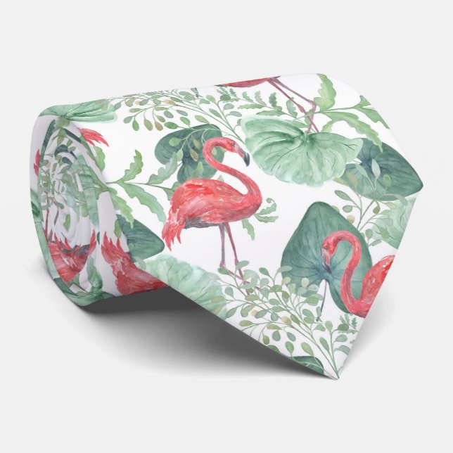 Cravate Aquarelle flamants roses et feuilles (Roulé)