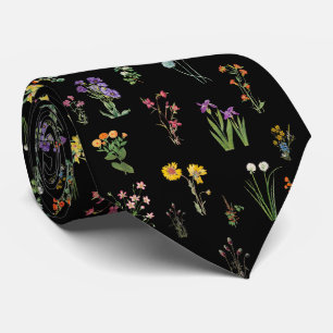 Cravate Aquarelle fleur sauvage Floral botanique noir