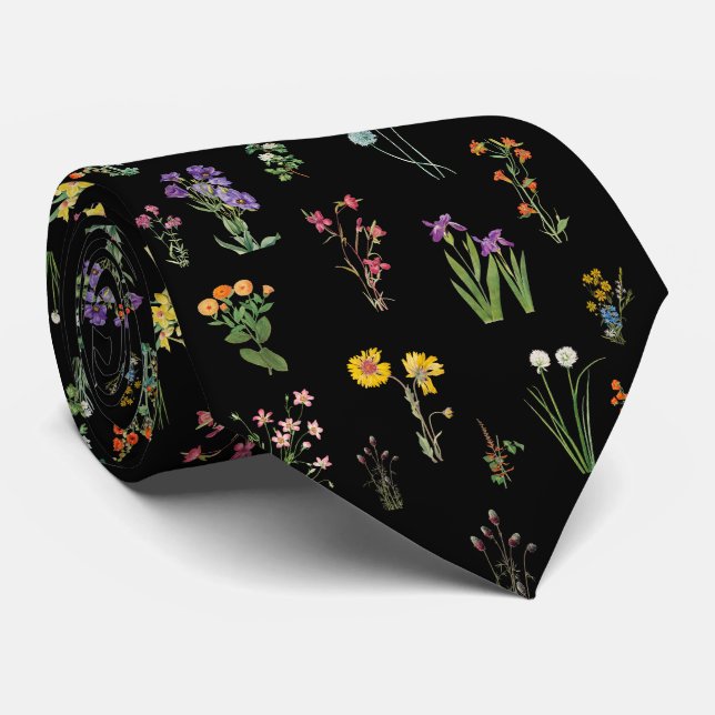 Cravate Aquarelle fleur sauvage Floral botanique noir (Roulé)