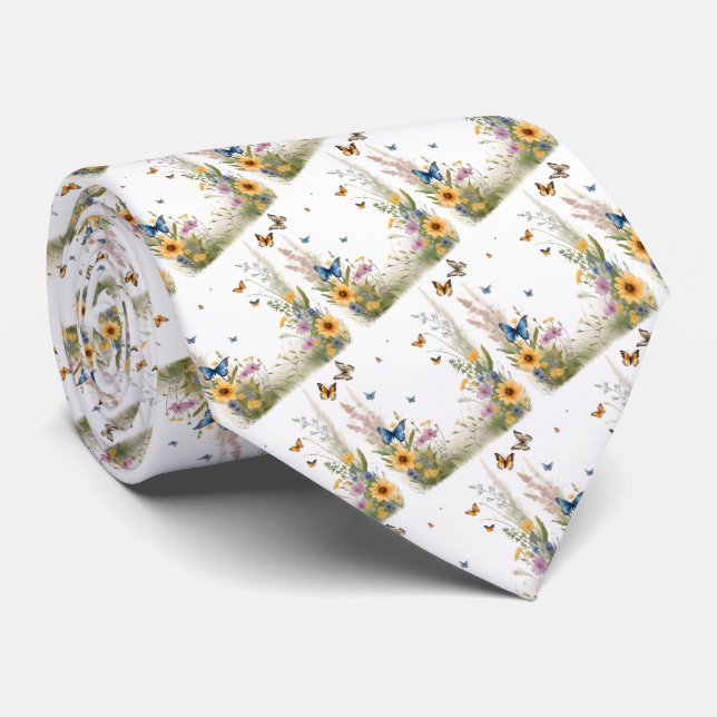 Cravate Aquarelle Fleur sauvage Gris Et Papillons, (Roulé)