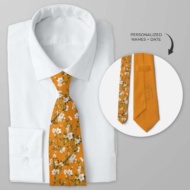 Cravate Aquarelle fleurie orange personnalisée (Personalized Orange Blossom groomsmen wedding neckties)