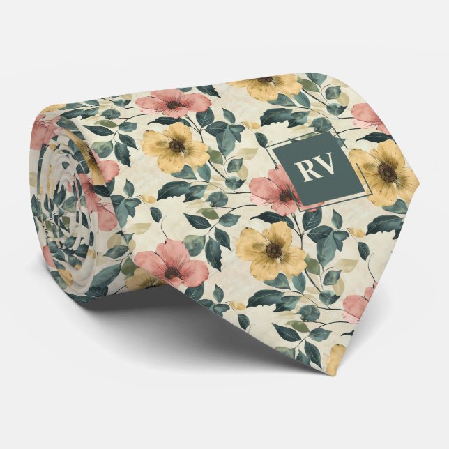 Cravate Aquarelle Jardin Floral Monogramme Necktie (Roulé)