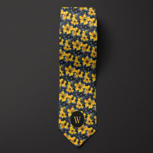 Cravate Aquarelle jaune et noire Monogramme floral