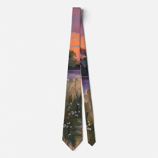 Cravate Aquarelle Lever de soleil au-dessus de l'étang (Devant)