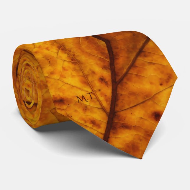Cravate Aquarelle Motif de feuille d'automne orange brûlée (Roulé)