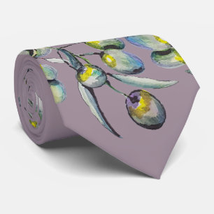 Cravate Aquarelle Olive Magique Peinte à la Main Violet Pa