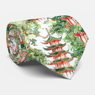 Cravate Aquarelle Pagode asiatique dans paysage verdoyant 