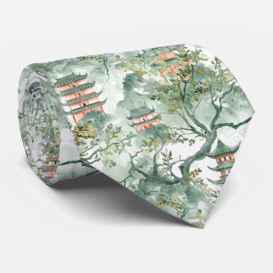 Cravate Aquarelle Pagode asiatique dans paysage verdoyant 