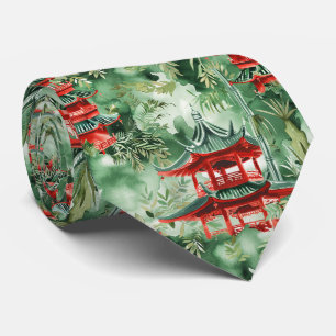 Cravate Aquarelle Pagode asiatique dans paysage verdoyant 