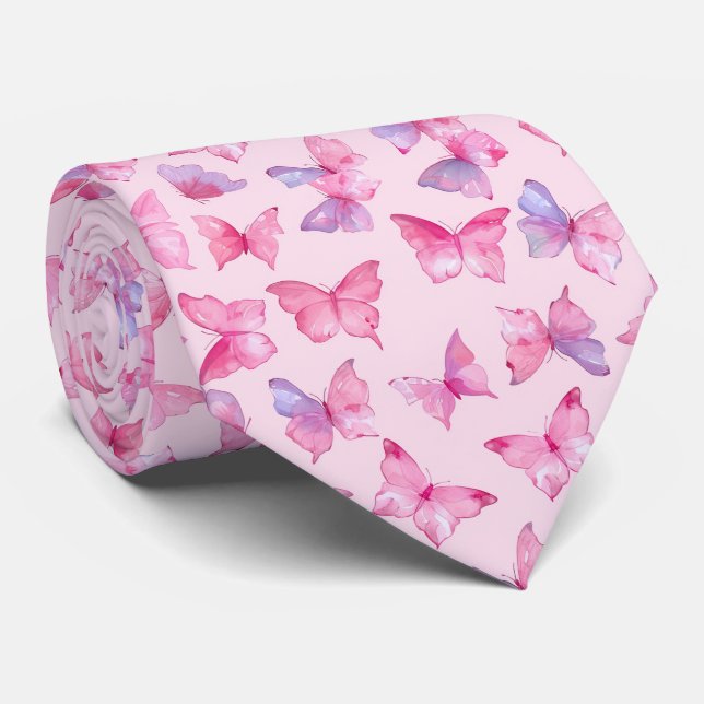 Cravate Aquarelle papillon rose (Roulé)