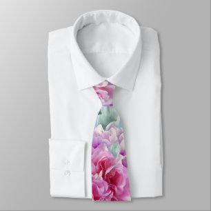 Cravate Aquarelle Peonées Roses et Feuilles Turquoises ve