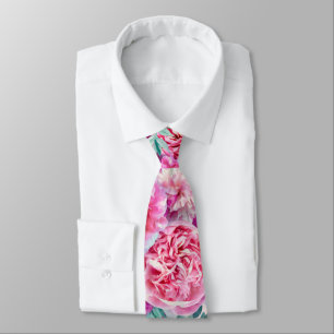 Cravate Aquarelle Peonées Roses et Feuilles Turquoises ve