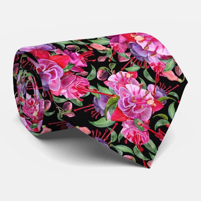 Cravate Aquarelle rose et noire Fuchsia Blooms (Roulé)