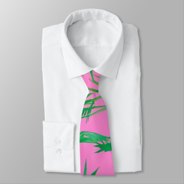 Cravate Aquarelle rose et vert Palm Tree Feuilles (Attaché)