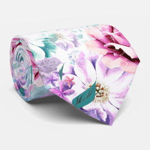 Cravate Aquarelle rose, fleurs bleues.