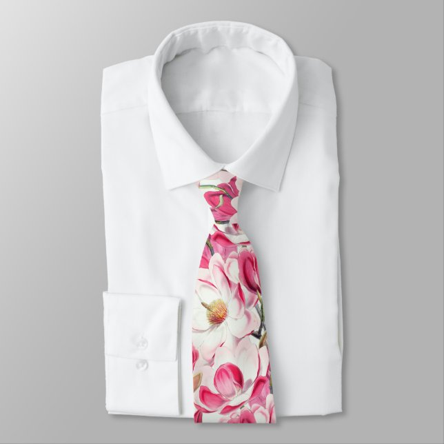 Cravate Aquarelle rose Magnolia Motif (Attaché)