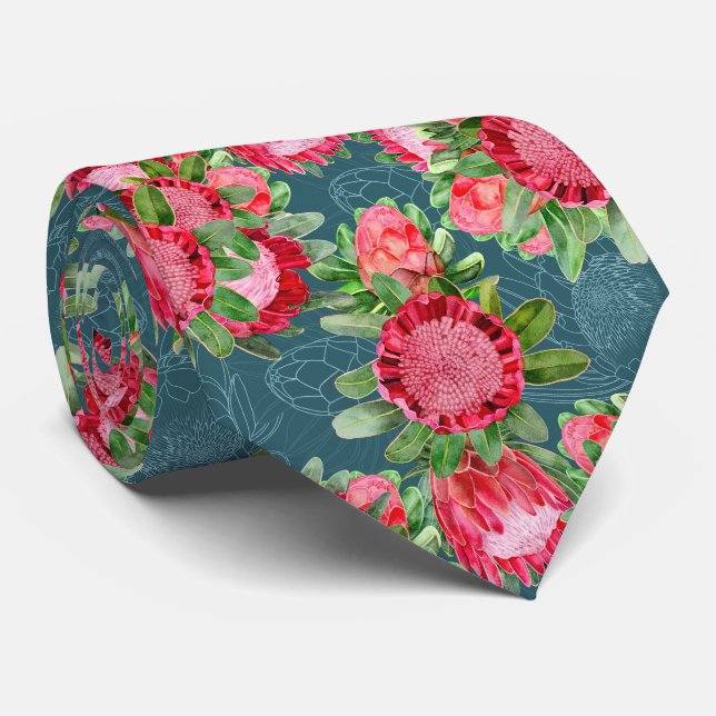 Cravate Aquarelle rose Protea Jardin fleurit (Roulé)