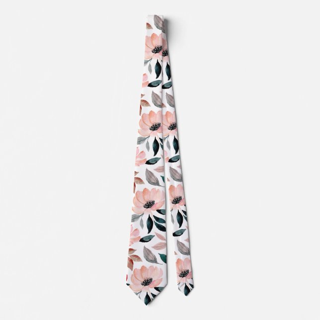 Cravate Aquarelle rose vert motif floral (Devant)