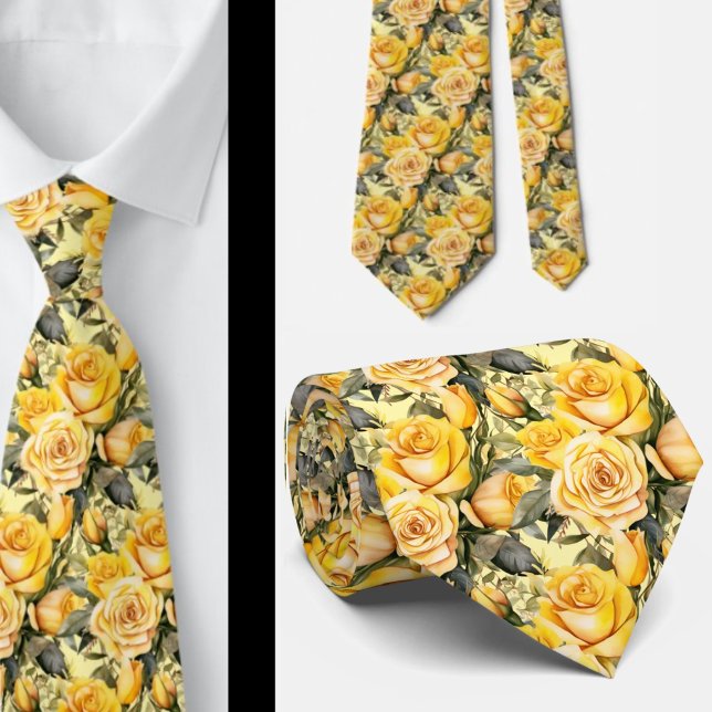 Cravate Aquarelle Roses Jaunes Printemps Été Floral (Créateur téléchargé)
