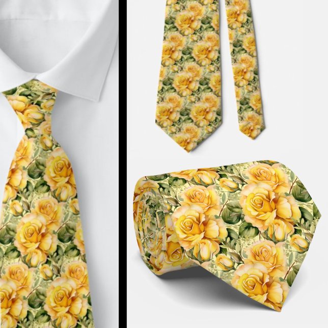 Cravate Aquarelle Roses Jaunes Printemps Été Floral (Créateur téléchargé)