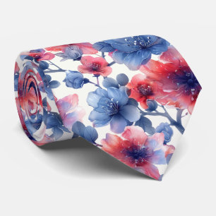Cravate Aquarelle rouge, fleurs bleues sur le blanc