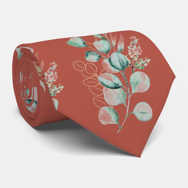 Cravate Aquarelle Terracotta Eucalyptus Motif de verdure (Roulé)