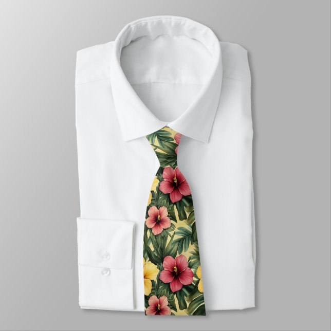 Cravate Aquarelle tropicale Feuilles de bananes et Hibiscu (Attaché)