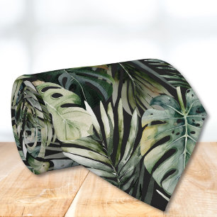 Cravate Aquarelle Vert Forêt tropicale Feuille Motif