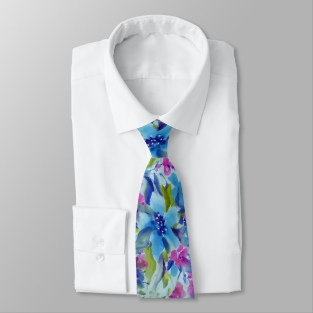 Cravate Aquarelles rose et bleu Motif floral (Attaché)