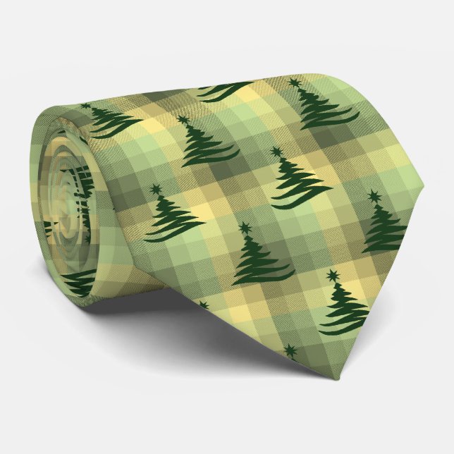 Cravate Arbre de Noël Plaid Sage vert à deux côtés (Roulé)