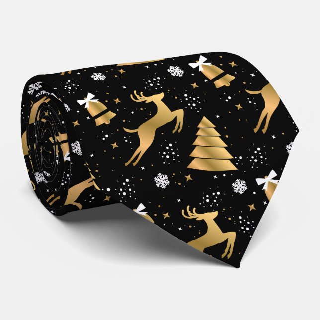 Cravate Arbres de cerfs noirs et d'or Stars Snowflakes (Roulé)