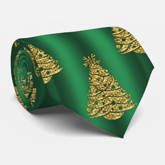 Cravate Arbres de Noël dorés sur vert (Roulé)