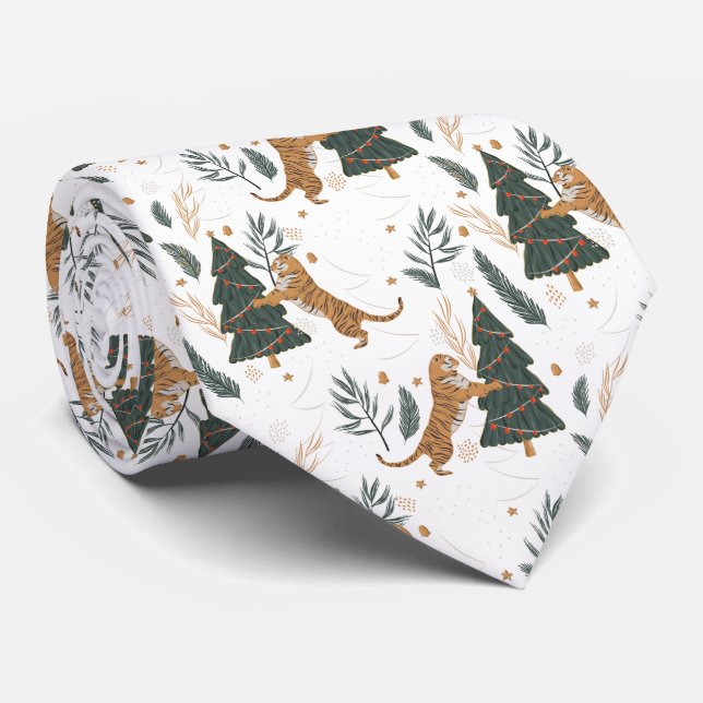 Cravate Arbres de Noël et motif de tigres (Roulé)