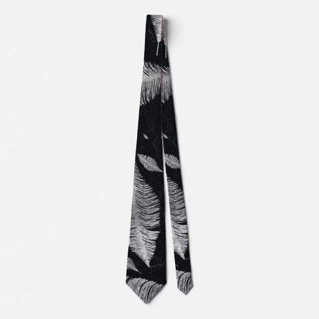 Cravate Argent abstrait sur le motif noir de plume (Devant)