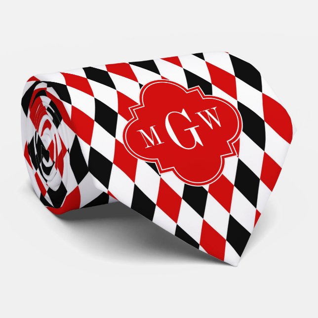 Cravate Arlequin noir blanc rouge Quatrefoil rouge 3 Monog (Roulé)