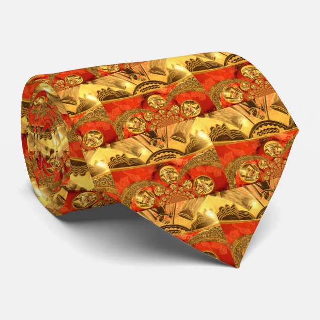 Cravate Art Culturel Africain : Design Rouge Or Riche (Roulé)