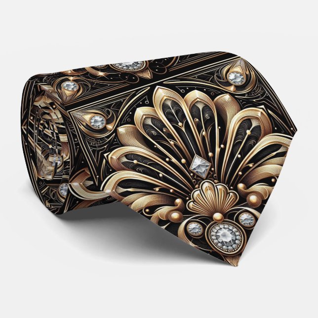 Cravate Art Deco Black and Gold Seashell Pattern Neck Tie (Roulé)