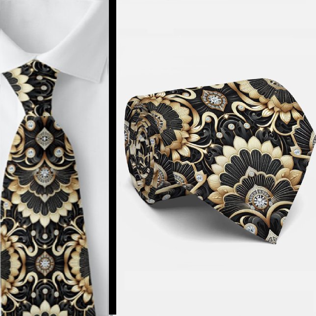 Cravate Art Deco Black and Gold Seashell Pattern Neck Tie (Créateur téléchargé)
