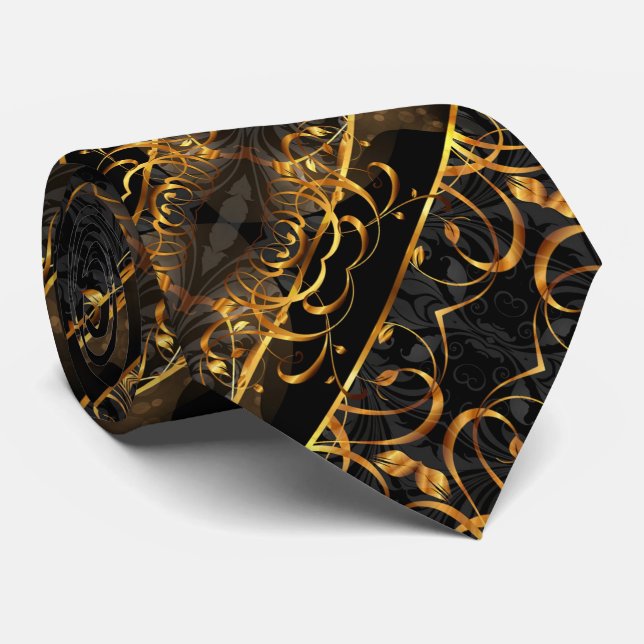 Cravate art déco fleurissent les tourbillons noirs et or (Roulé)
