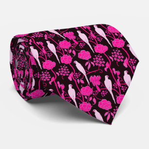 CRAVATE ART DECO FUCHSIA FLOWERS,WHITE PARROTS ON BLACK