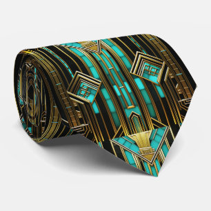 Cravate Art Déco Turquoise Or Noir Géométrique