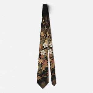 Cravate Art floral automnal noir doré vintage japonais
