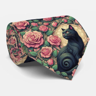 Cravate Art Nouveau Art Déco Chat Noir avec Roses Roses