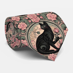 Cravate Art Nouveau Art Déco Chat Noir avec Roses Roses