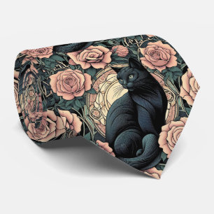 Cravate Art Nouveau Art Déco Chat Noir avec Roses Roses