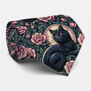 Cravate Art Nouveau Art Déco Chat Noir avec Roses Roses