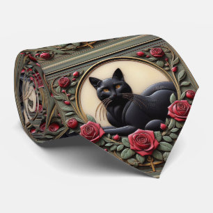 Cravate Art Nouveau Art Déco Chat Noir avec Roses Rouges