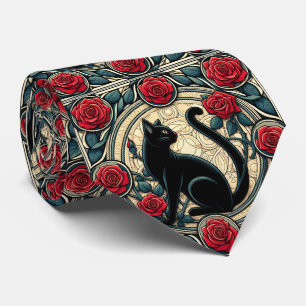 Cravate Art Nouveau Art Déco Chat Noir avec Roses Rouges