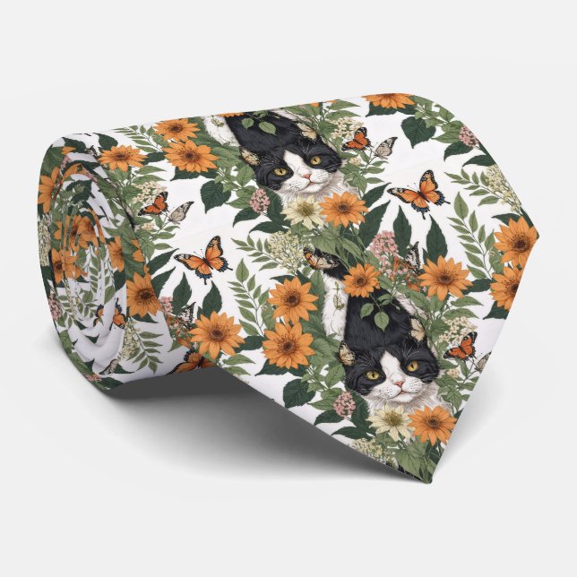 Cravate Artistic Cat, Butterflies, Flowers Floral Pattern (Roulé)