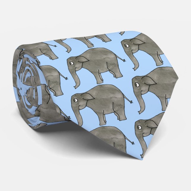 Cravate Asian Elephant, sur Pastel Blue. (Roulé)